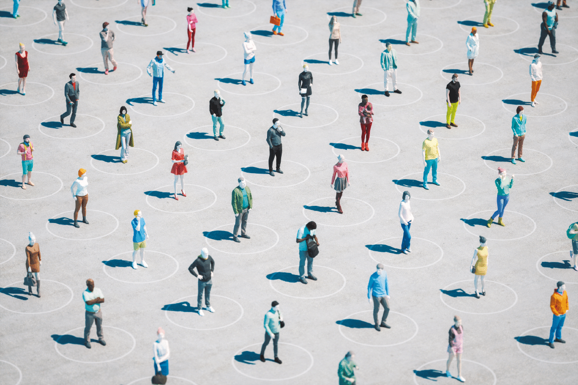 3d low-poly people keeping distance at street 