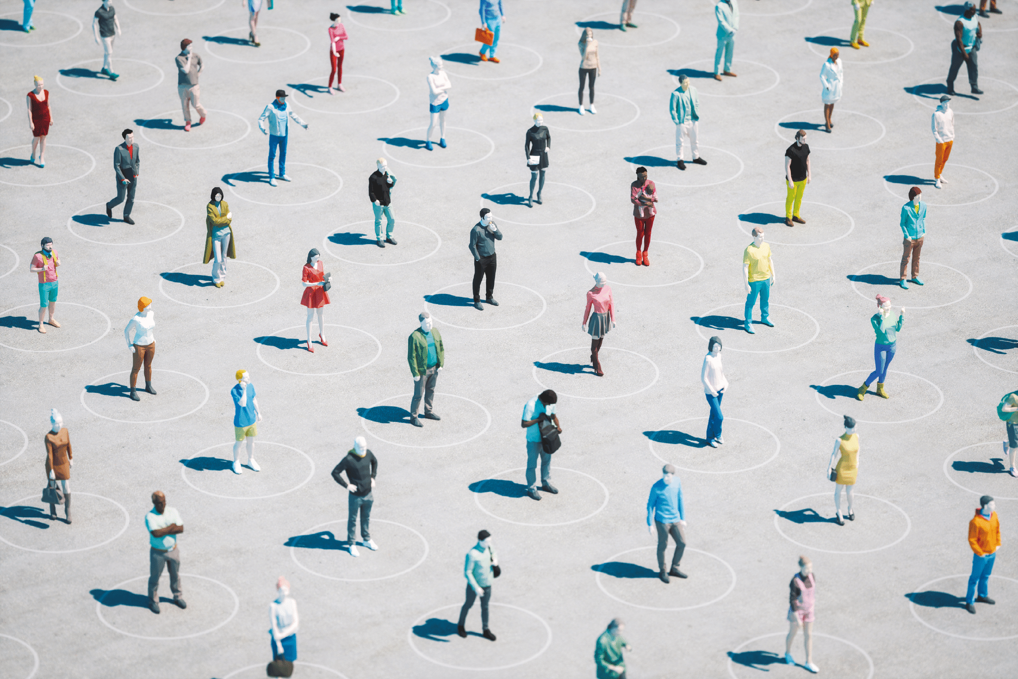 3d low-poly people keeping distance at street 